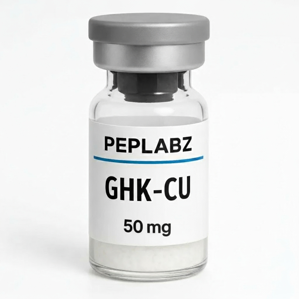 Peplabz GHK-CU 50mg peptide vial with a grey cap on a white background