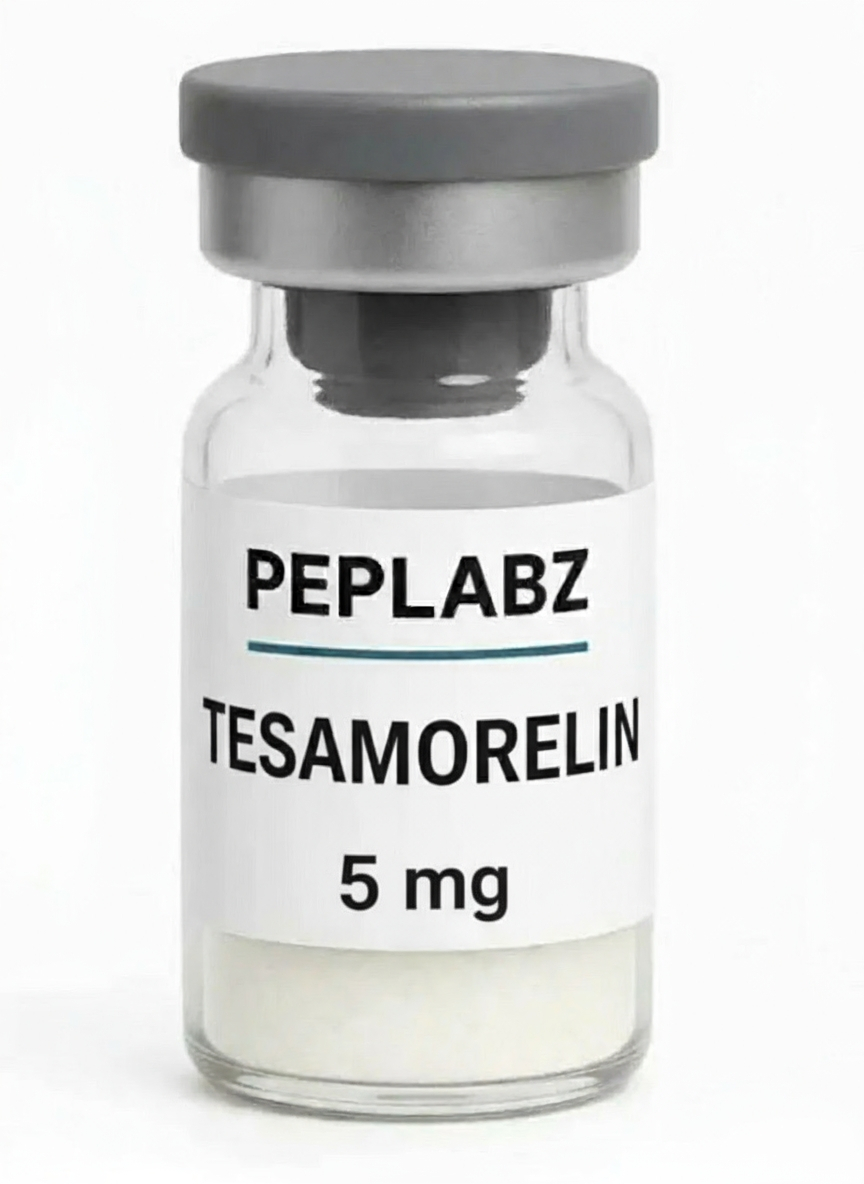 Peplabz Tesamorelin 5mg peptide vial with a grey cap on a white background