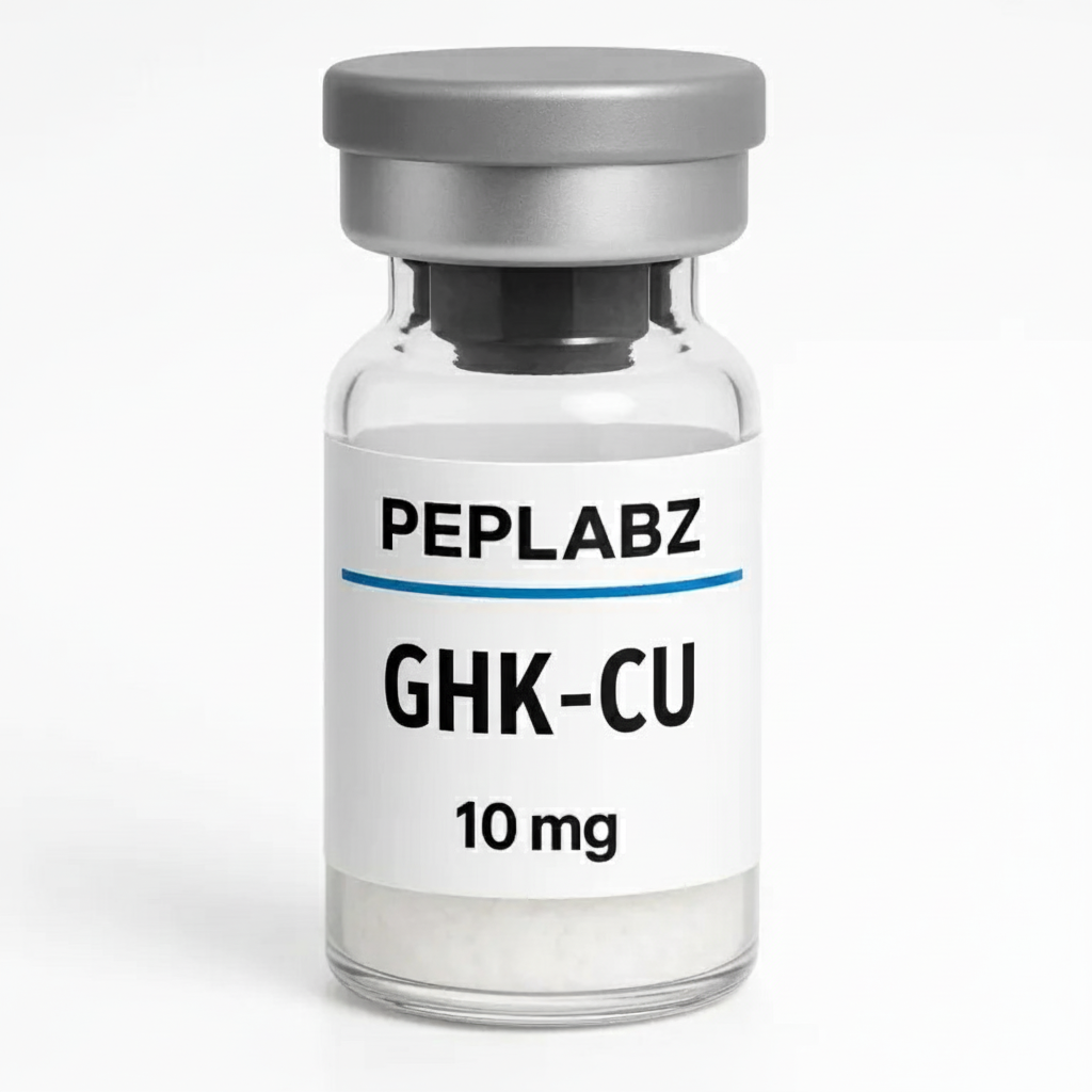 Peplabz GHK-CU 10mg peptide vial with a grey cap on a white background