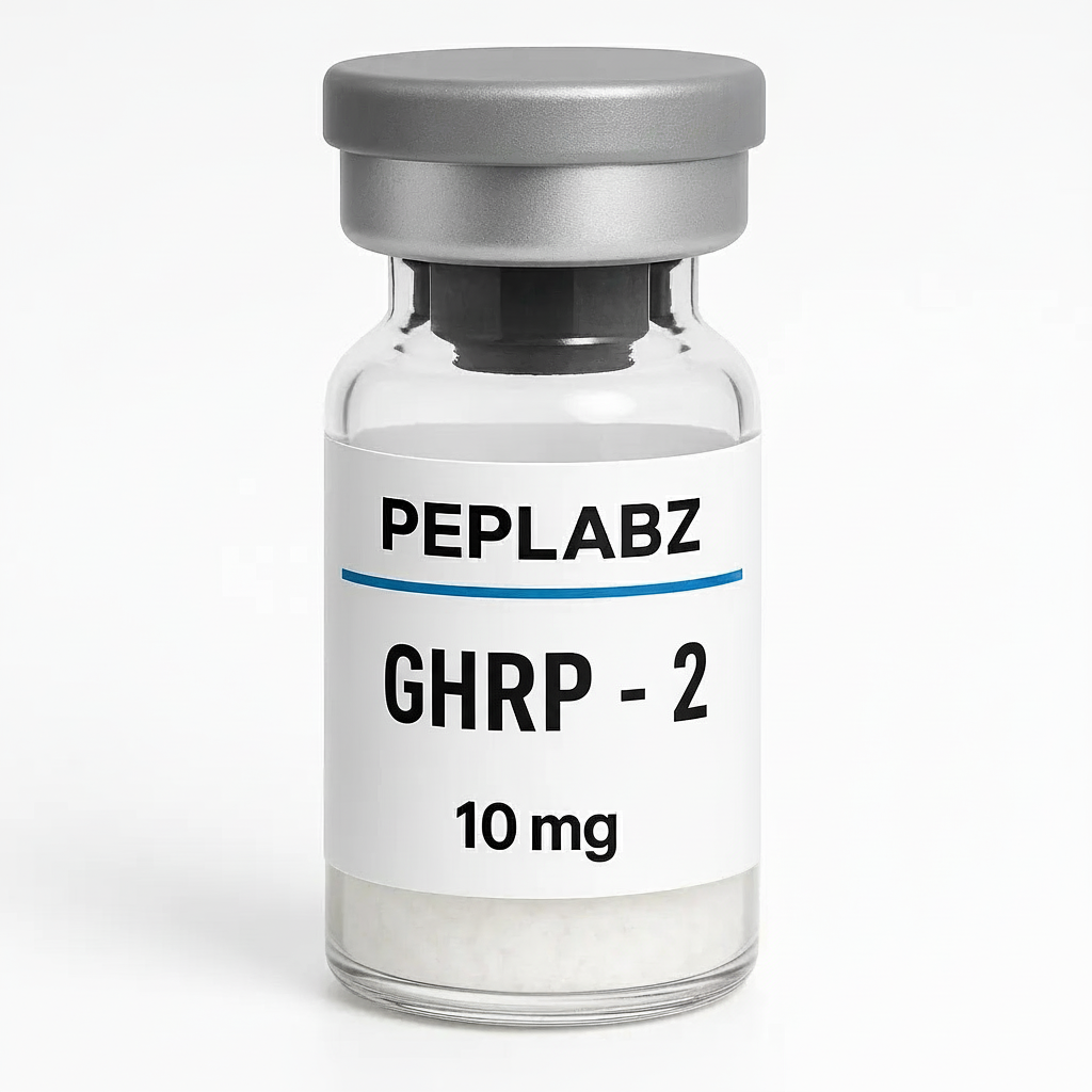 Peplabz GHRP-2 10mg peptide vial with a grey cap on a white background