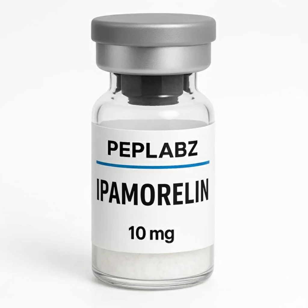 Peplabz Ipamorelin 10mg peptide vial with a grey cap on a white background