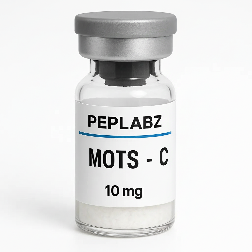 Peplabz MOTS-C 10mg peptide vial with a grey cap on a white background