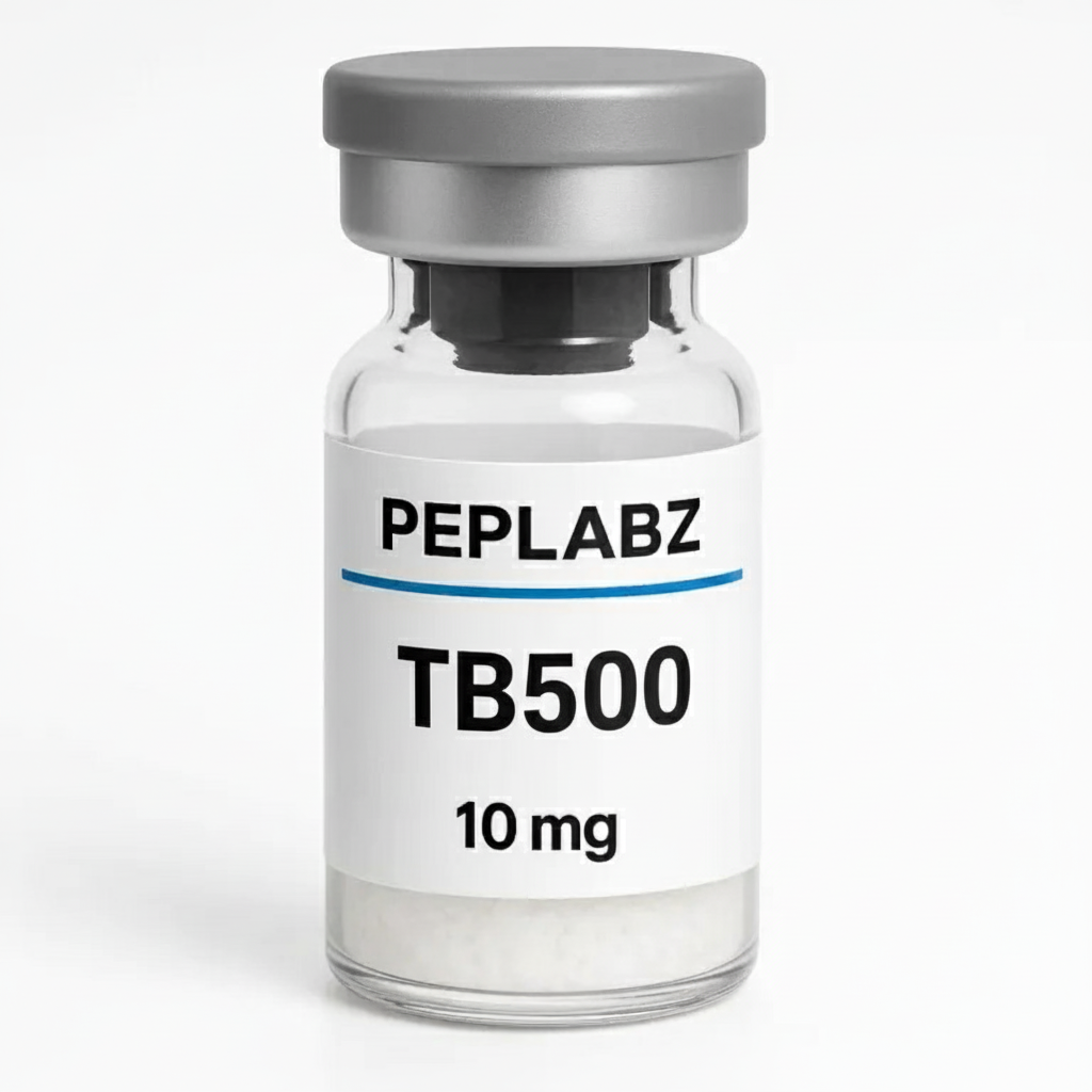 "Peplabz TB500 10mg peptide vial with a grey cap on a white background